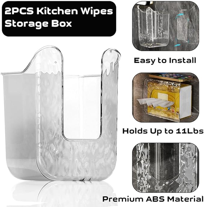 Kitchen Wipes Storage Box, Abnaok 2PCS Wall-Mounted Tissue Box, Flushable Wipes Holder for Bathroom, Refillable Wipes Container Box, Non-Slip Toilet Wipes Container Keeps Wipes Fresh