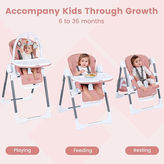 INFANS High Chair for Babies and Toddlers, Foldable Highchair with 7 Different Heights 4 Reclining Backrest Seat 3 Setting Footrest, Removable Tray Built-in Rear Wheels with Locks