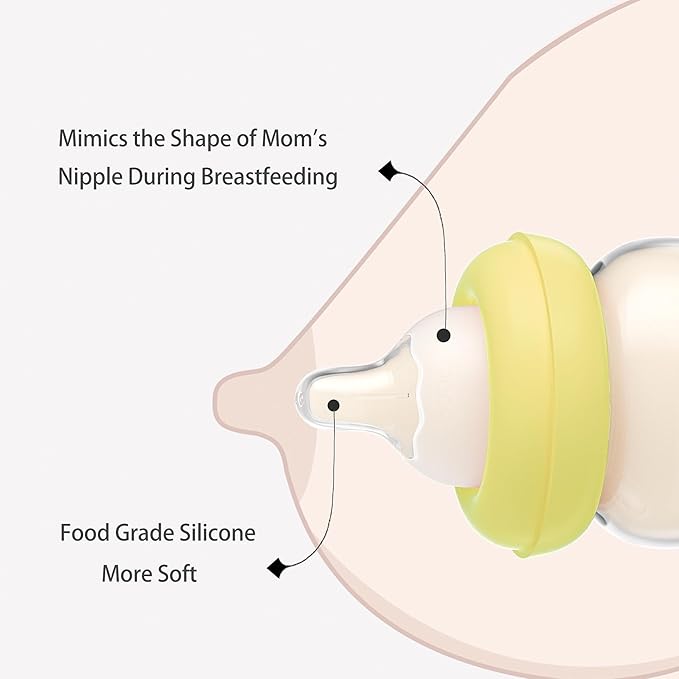 YOHKOH Natural Glass Baby Bottle with Level 1 Slow Flow Nipple, Newborn Anti-Colic Baby Bottles, Wide Neck Mushroom Baby Glass Bottle (Yellow-A, 3.4oz (Pack of 4))