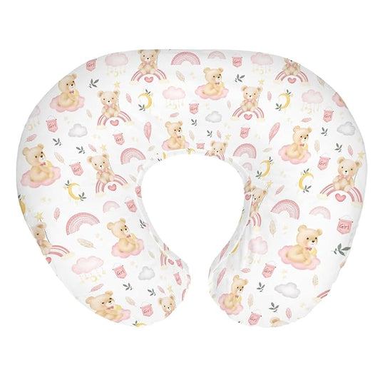 Watercolor Bear Rainbow Pink Baby Nursing Pillow Covers for Girl Boy Cute Bears Moon Stars Clouds Nursery Slipcovers for Breastfeeding Pillows Pastel Animal Soft Stretchy Cover for Newborn Infant