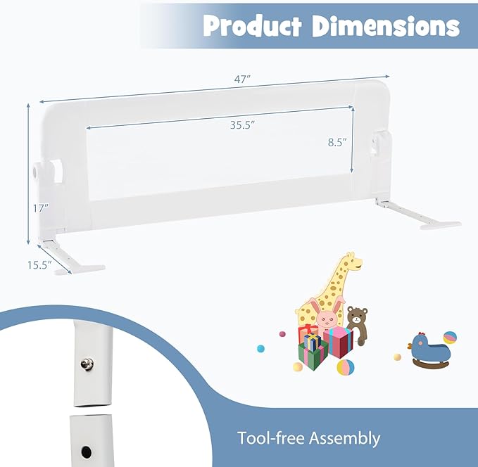BABY JOY Bed Rails for Toddlers, Swing Down Safety Bed Guard for Convertible Crib, Folding Baby Bedrail for Kids Twin, Double, Full Size Queen & King Mattress (47-Inch, White)