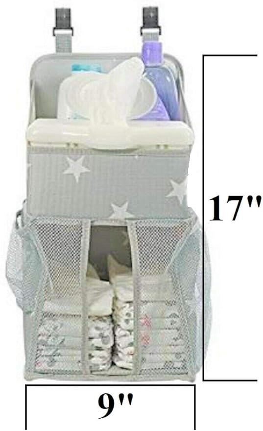 Star Pattern Diaper Caddy and Nursery Organizer for Newborn Baby Essentials, Hang on Crib, Baby Bed. Changing Table or wall. Multiple Pockets to Store Wipes, Creams, Lotions, Toys and more.