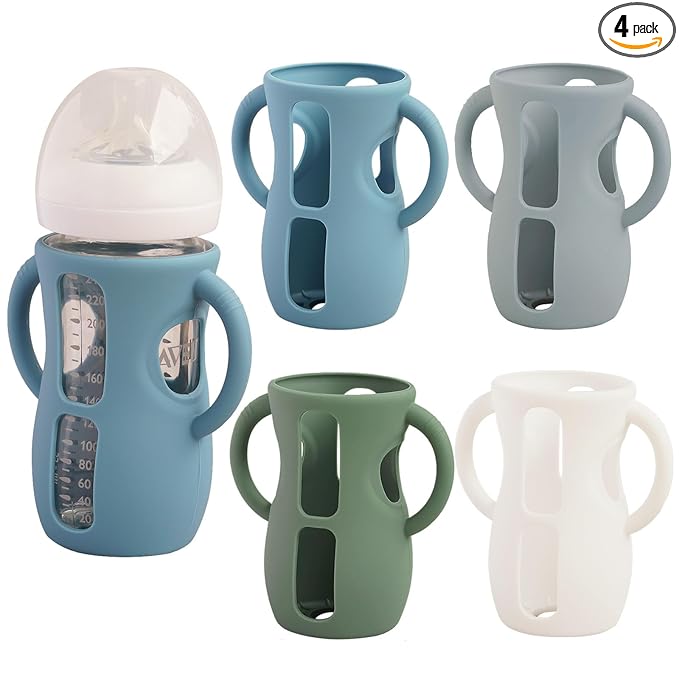 4 Pack Silicone Sleeves for Avent Natural Glass Baby Bottles, Anti Breakage Bottle Holder, Compatible with Philips Avent Glass Natural Baby Bottles (Blue+Gray+Green+White, 8 OZ)