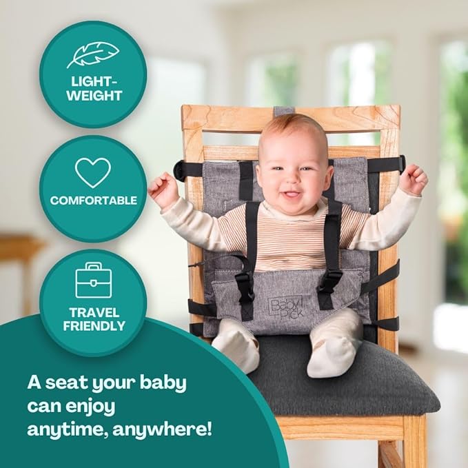 Portable High Chair for Travel by Baby Pick – Harness Seat, Foldable & Lightweight Gear, Adjustable Straps for Babies & Toddlers, Compact & Secure, Machine-Washable, Must-Have Baby Travel Essential