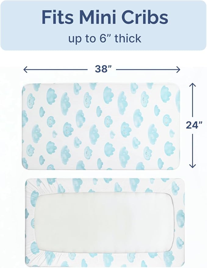 2-Pack Mini Crib Sheets Fitted - Pack N Play Sheets for Pack and Play Mattress - Stretchy Soft Microfiber Playard Bedding - Mini Toddler Bed Cover Boys & Girls - Easy-Fit, Oeko-Tex, 38 x 24in - Clouds