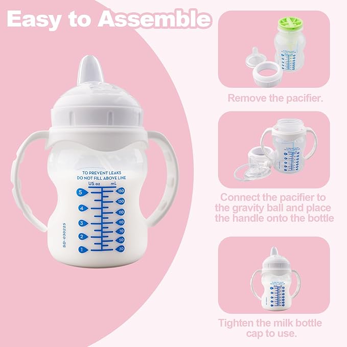Sippy Cup Conversion Kit for Dr. Brown's Wide-Neck Baby Bottles, Weighted Sippy Cup Transition Kit with Handles for Kids, [Variable Flow] [Spill-Proof] [BPA-Free], 6m+