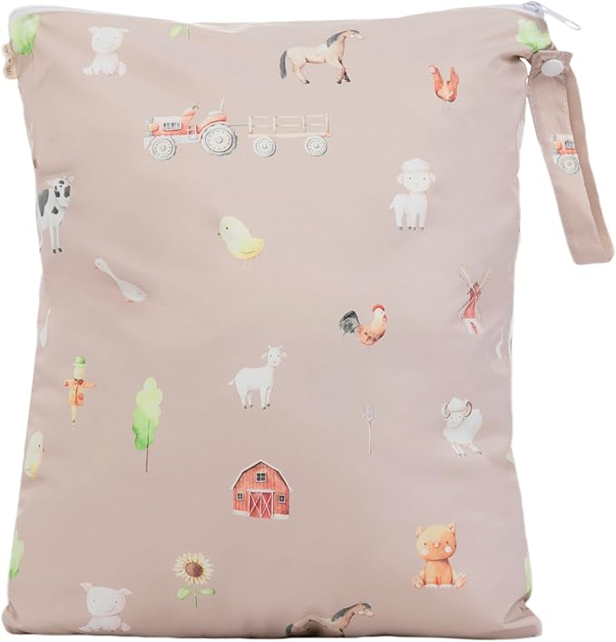 Ali+Oli Water Resistant Dual-Compartment Wet-Dry Bag for Travel, Hook to Stroller, Daycare, Diapers, Diaper Bag, Clutch Bag,15x12 inches (Farm)