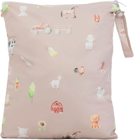 Ali+Oli Water Resistant Dual-Compartment Wet-Dry Bag for Travel, Hook to Stroller, Daycare, Diapers, Diaper Bag, Clutch Bag,15x12 inches (Farm)