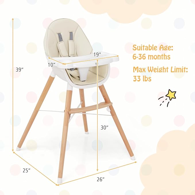 BABY JOY Baby High Chair, Wooden High Chair for Babies & Toddlers with Dishwasher Safe Double Removable Tray, Infant Feeding Chair with 5-Point Safety Harness & Detachable PU Seat Cushion (Beige)