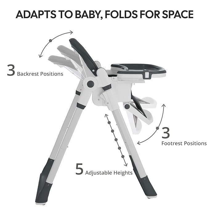 Sunchild 3-in-1 Baby High Chair with Wheels, 5-Point Harness, Tray, Footrest, and Backrest, Foldable and Adjustable for Toddlers 6-36 Months, Black