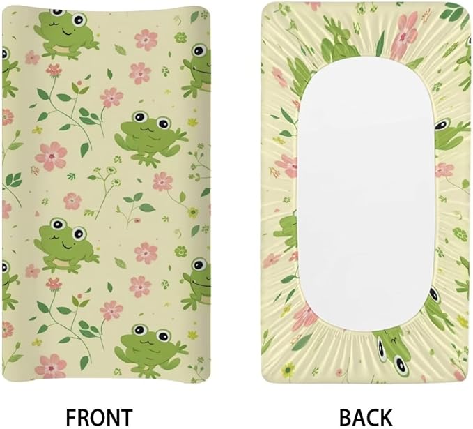 Changing Pad Covers for Boys Girls, Green Floral Frog Diaper Changing Table Pad Cover Soft Breathable Changing Mat Cover for 32''x16" Cute Birthday Gifts for Baby