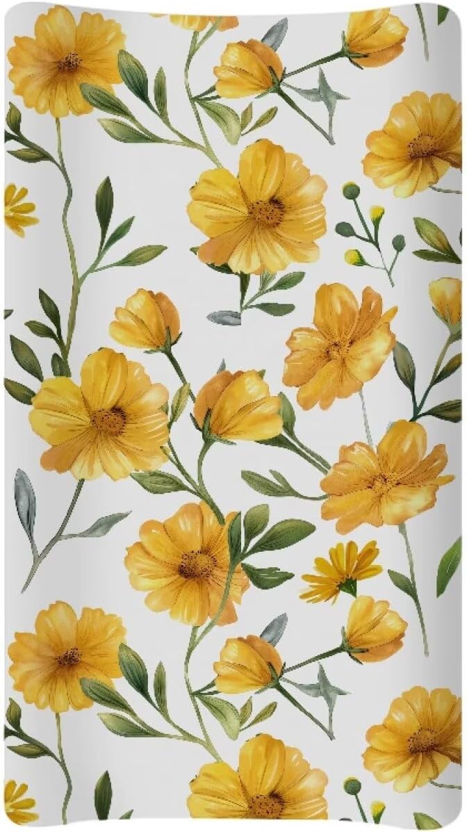 Yellow Flowers Changing Pad Cover Soft Waterproof Nursery Pad Change Cover Lightweight Cozy Stretchy Changing Table Cover for Boys Girls