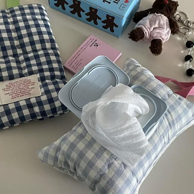 HIBEAR Quilted Diaper Wipe Pouch Portable Mommy Bag Refillable Floral Baby Wipe Holder for Travel Stroller Daily Casual (Plaid A)