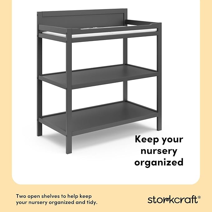 Storkcraft Alpine Changing Table (Gray) – GREENGUARD Gold Certified Nursery Changing Table, Includes Water-Resistant Changing Pad, 2 Shelves for Nursery Storage and Organizing