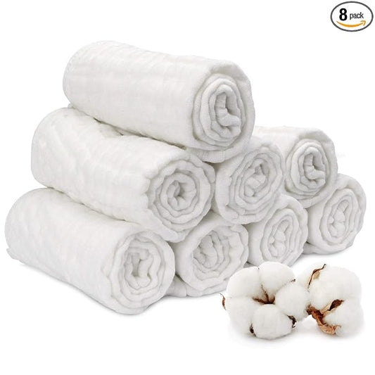 Muslin Burp Cloth for Baby Boys and Girls (8 Pack) | Cotton Newborn Essential Must Have Item | White Unisex Design | Super Soft and Absorbent Burping and Spit Up Cloths | Multi Use Baby Shower Item