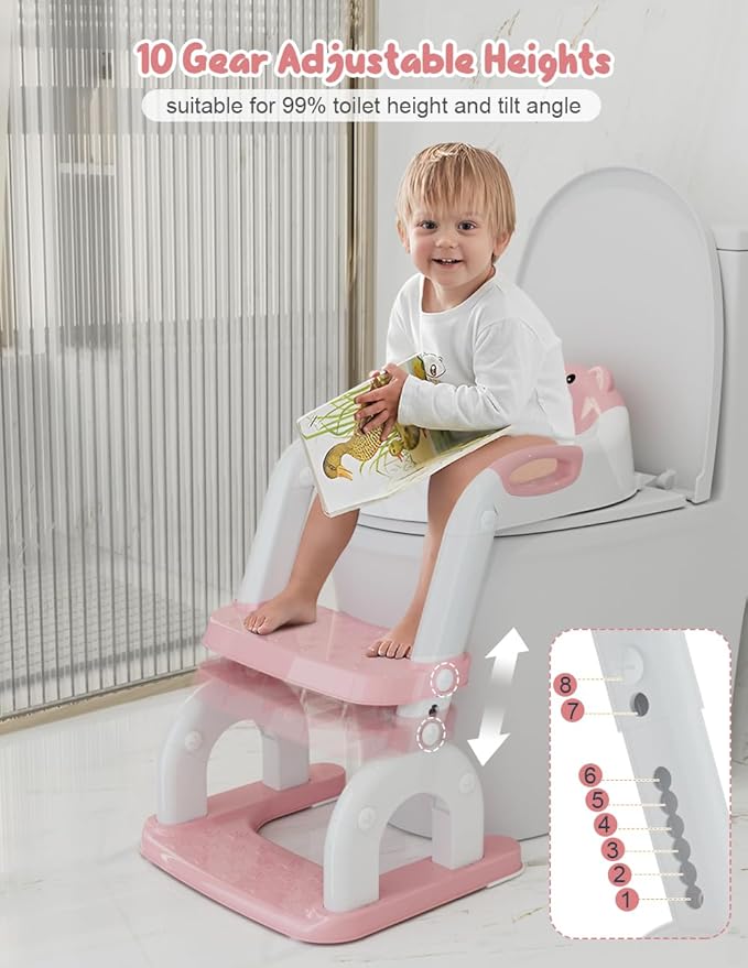 Potty Training Seat with Step Stool, Toddler Potty Training Toilet Seat with Non-Slip Step Splash Guard Safety Handles and Waterproof Cushion, 2 In 1 Toddler Potty Seat