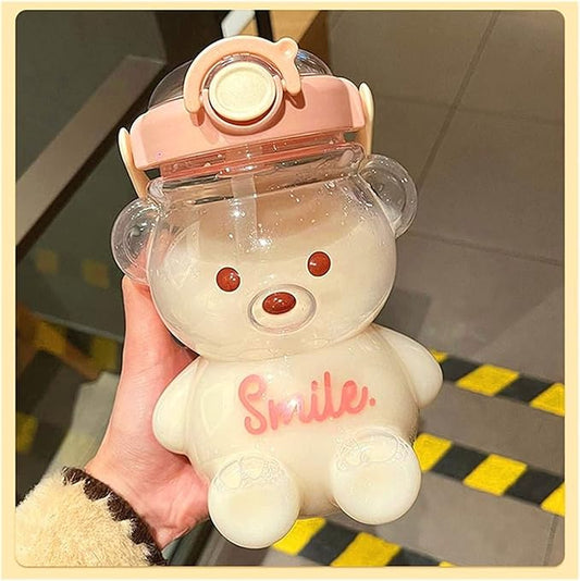 Kawaii Bear Straw Bottle, Cartoon Kids Water Bottle Bpa Free with Straw and Built in Carrying Loop, Adjustable & Removable Shoulder Strap, Made of Durable Plastic, Leak-Proof Design for Travel