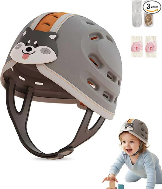 Baby Head Protection Helmet - Ultra-Light, Soft, Adjustable, Suitable for Babies 6-24 Months with Knee Pads & Non-Slip Socks Set