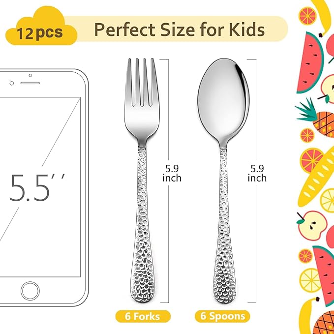 LIANYU 12Piece Kids Silverware Set, Includes 6 Kid Spoons, 6 Kid Forks, Stainless Steel Toddler Utensils Children Flatware Set, Child Preschooler Cutlery Set, Dishwasher Safe