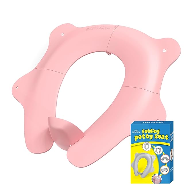 Foldable Travel Potty Seat for Toddler, Portable Toilet Training Seat for Kids on The Go, Fits Round & Oval Toilets with Non-Slip Base & Travel Bag for Car Airplane Essentials, Pink