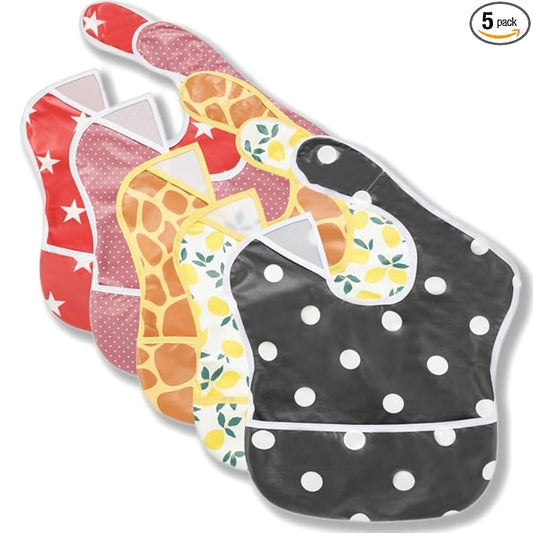 TSD Baby Bibs Waterproof Feeding Bibs 5pack Adjustable Mealtime Poctet Bib for Newborn Toddler Infant Easy Clean Durable Baby Essentials Shower Gift