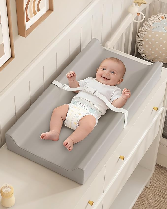 YACODAVO Wipeable Baby Changing Pad for Dresser and Table, Cozy Diaper Changing Pad with Waterproof & Wipe-Clean Leather Cover, Grey