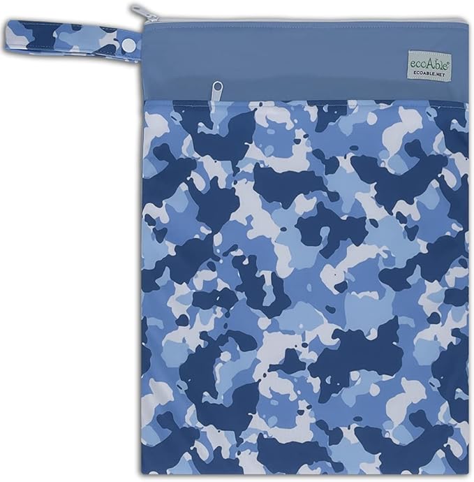 Ecoable Wet Dry Bag: 12x14 Travel Organizer for Diapers, Toiletries, Laundry, Beach, Pool, Stroller, Dirty Gym Clothes, Swimsuits (Blue Camo)