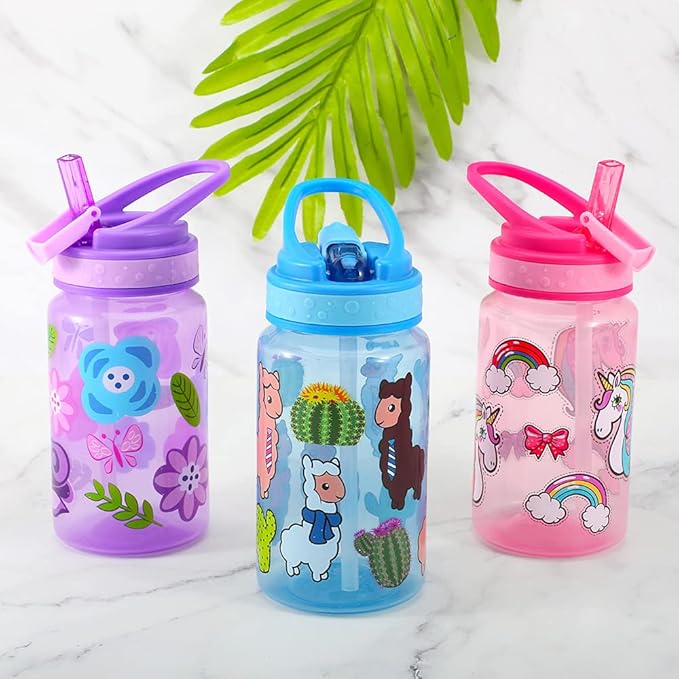 15oz Kids Water Drinking Bottle - BPA Free, Wide Mouth, Flip Straw Sip Lid, Easy Open, Lightweight, Leak-Proof, Cute Design For Girls & Boys - 3 Pack Flower & Unicorn & Llama