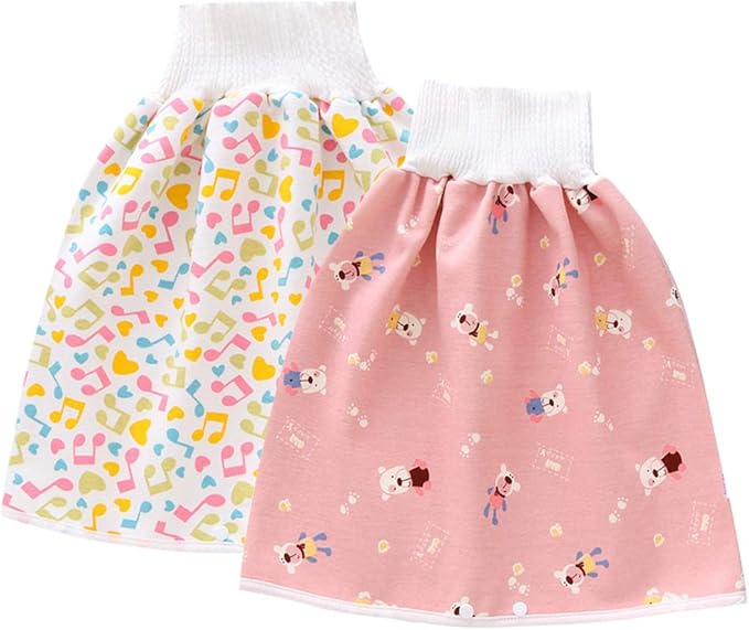 2 Pack Baby Diaper Skirt,Washable Waterproof Toddler Potty Training Skirt Cotton Toilet Training Nappy Skirt for Baby Boys Girls (Pink+Yellow)