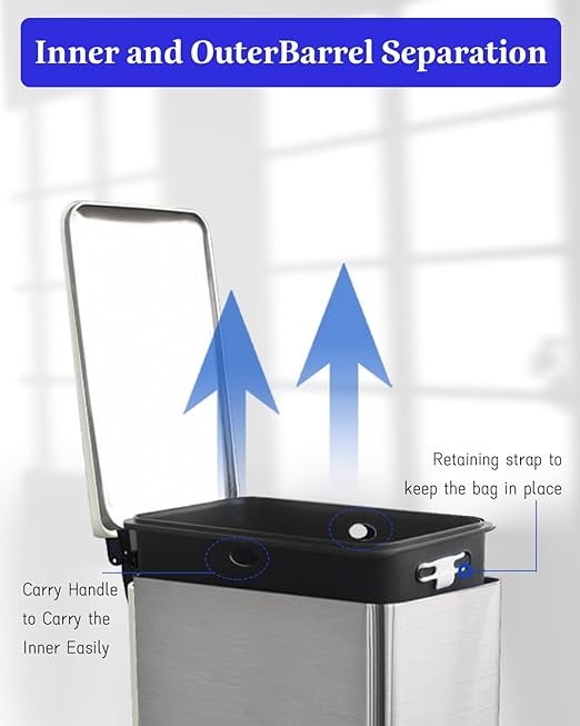 8 Gallon Kitchen Trash Can, Stainless Steel Step Pedal Trash Can with Inner Bucket, Soft Close Lid and Stays Open for Apartments, RVs, Dorms, Offices, or Bathrooms