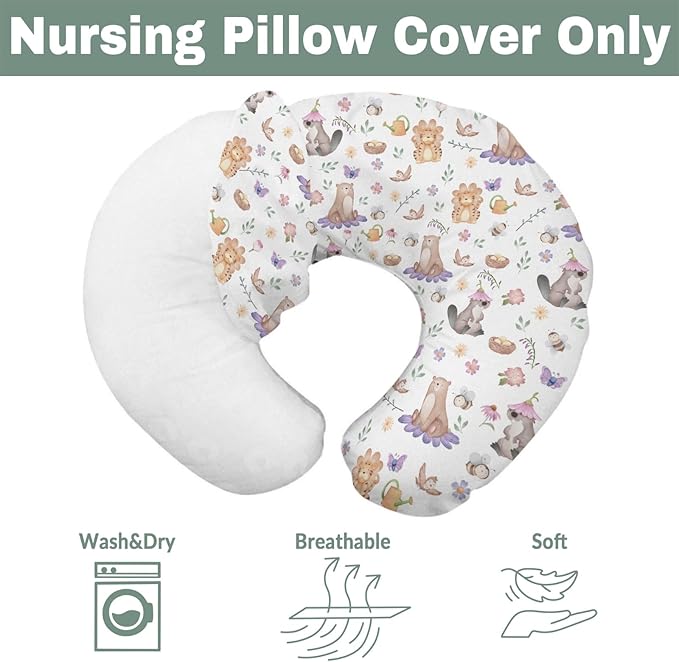 Spring Animals Baby Nursing Pillow Covers for Boy Girl Bear Tiger Bird Bees Floral Nursery Pillowcase for Breastfeeding Pillows Cute Floral Animals Soft Stretchy Slipcovers for Newborn Infant