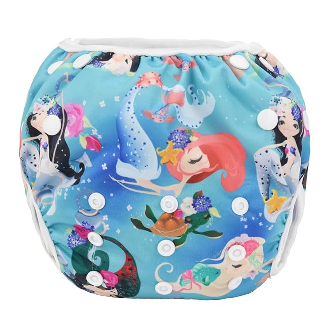 Baby Swim Diaper Nappy Pants Reusable Adjustable 0-3 Years Old Toddler Small Large (Large, Mermaids Turtles)