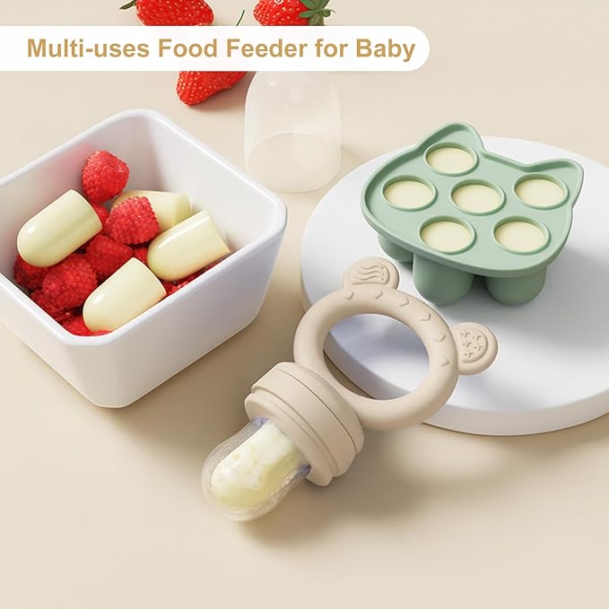 Baby Breastmilk Popsicle Molds & Baby Fruit Feeder (4 Pack), Infant Food Freezer Tray Storage Containers, Silicone Teething Pacifier Feeder and Teether for Babies,Boys and Girls-Beige&Green