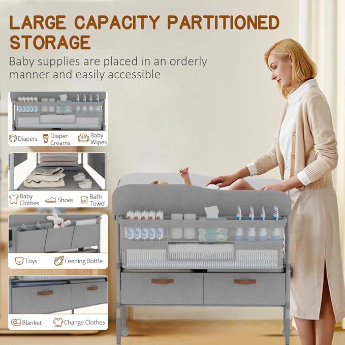 Diaper Changing Station, Portable Changing Table for Baby, Diaper Changing Table with Storage Drawers, Waterproof Baby Changing Station with Wheels and Adjustable Height for Newborn Infant (Grey)