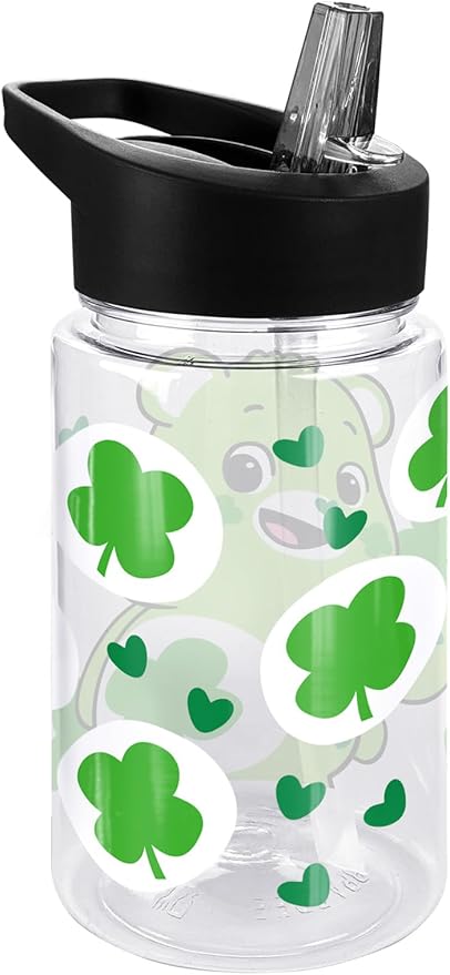 LOGOVISION Care Bears Kids Tritan Plastic Water Bottle with Straw Lid and Handle, Reusable Tumbler for Toddlers, Unisex for Girls and Boys, 12oz, Good Luck Bear Belly Pattern