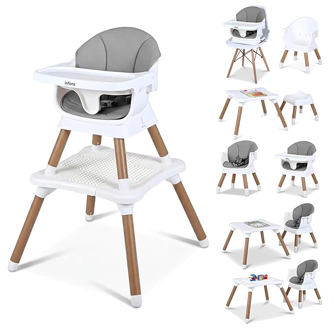 INFANS Baby High Chair, 9 in 1 Convertible Highchair for Babies and Toddlers, Building Block Table Dining Booster Seat Activity Desk Kids Stool with Adjustable Removable Tray (Light Grey)