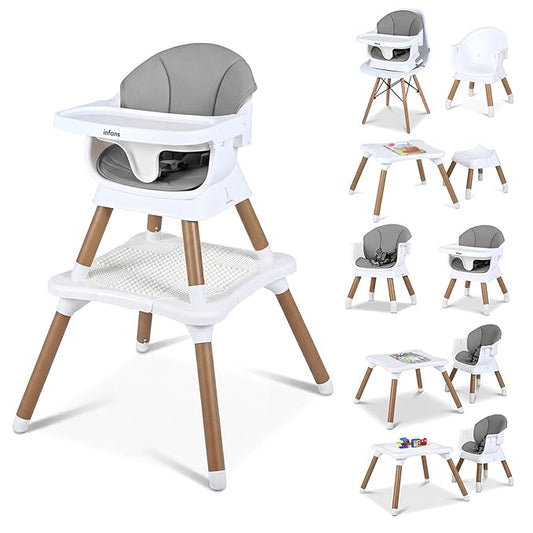 INFANS Baby High Chair, 9 in 1 Convertible Highchair for Babies and Toddlers, Building Block Table Dining Booster Seat Activity Desk Kids Stool with Adjustable Removable Tray (Light Grey)