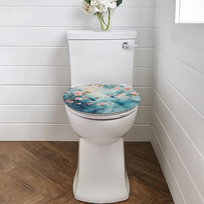 Hummingbird with Flower Toilet Lid Covers Soft Flannel Fabric Bathroom Dust Covers Elastic Bottom Soft and Breathable Seat Covers Toilet Seat Cover Set Universal for Most Toilet Bowl Lids