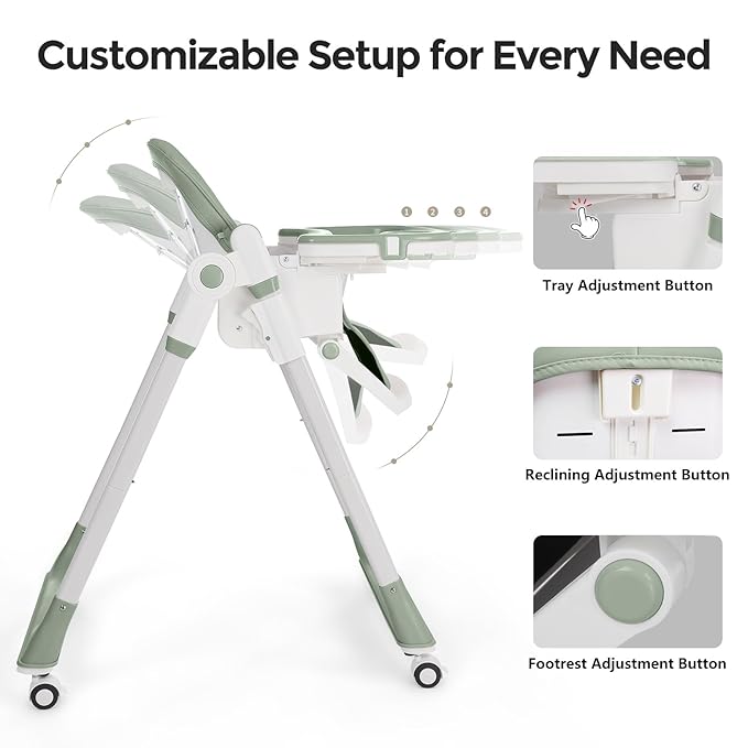 Cochildor 3-in-1 Foldable High Chair for Babies & Toddlers – Adjustable Height, Reclining Seat, 5-Point Safety Harness, Removable Tray, Lockable Wheels, Washable Cushion – Portable & Easy Clean, Green