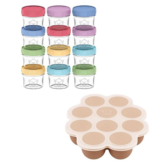 KeaBabies 12-Pack Baby Food Glass Containers and Silicone Baby Food Freezer Tray with Clip-on Lid - 4 oz Leak-Proof, Microwavable, Storage Container, Silicone Freezer Molds