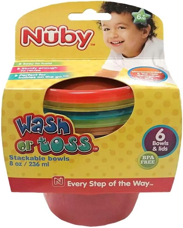 Nuby Wash or Toss Bowls with Lids, 8 Ounce, Colors May Vary (Pack of 6)