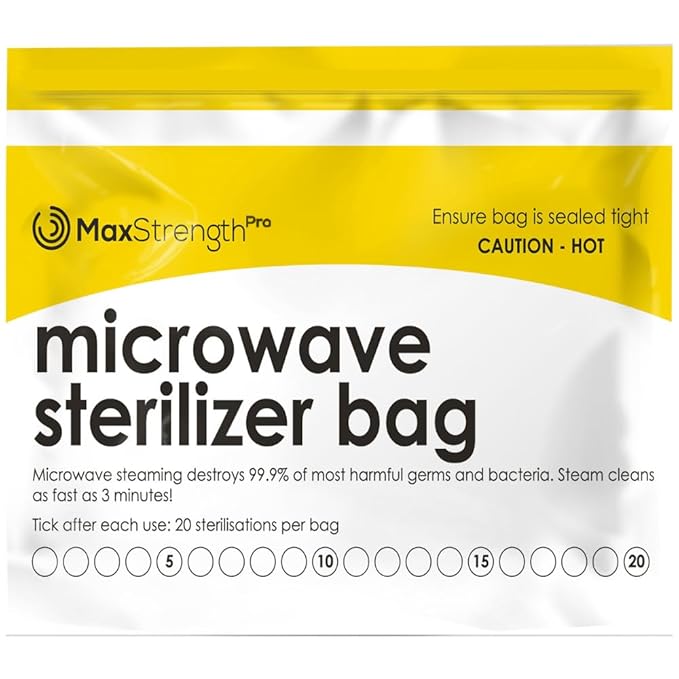 Max Strength Pro Microwave Steam Sterilizer Bags 20pc for Baby Bottles, Soothers, Teethers, Breast Pump Parts, Training Cups, Accessories, Reusable Large Bags, 20 Uses Per Bag, Easy Tracking System