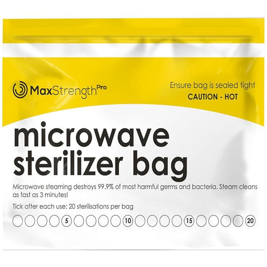 Max Strength Pro Microwave Steam Sterilizer Bags 20pc for Baby Bottles, Soothers, Teethers, Breast Pump Parts, Training Cups, Accessories, Reusable Large Bags, 20 Uses Per Bag, Easy Tracking System