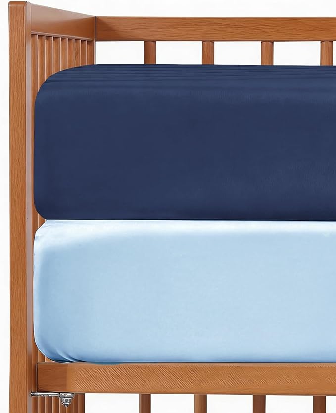 2-Pack Mini Crib Sheets Fitted - Pack N Play Sheets for Pack and Play Mattress - Stretchy Soft Microfiber Playard Bedding - Mini Toddler Bed Cover for Boys & Girls, Oeko-Tex, 38 x 24in, Navy Baby Blue