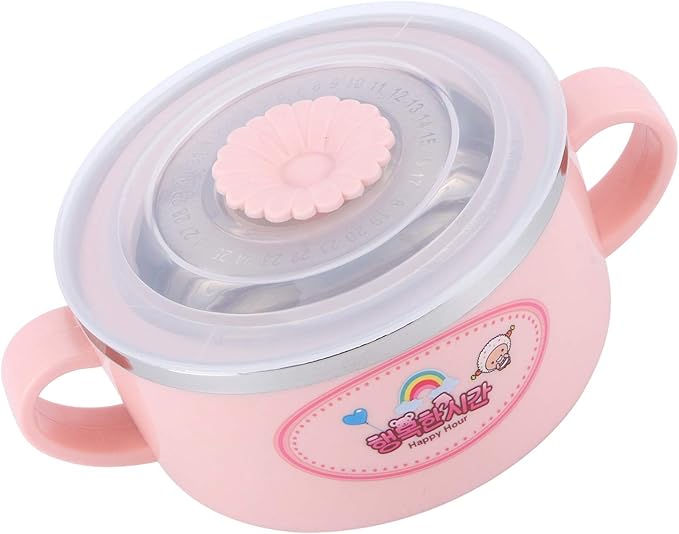 Zerodis 304 Stainless Steel Toddler Bowl with Double Layer Heat Insulation, Cartoon Design, Lid and Handles - Feeding Tableware