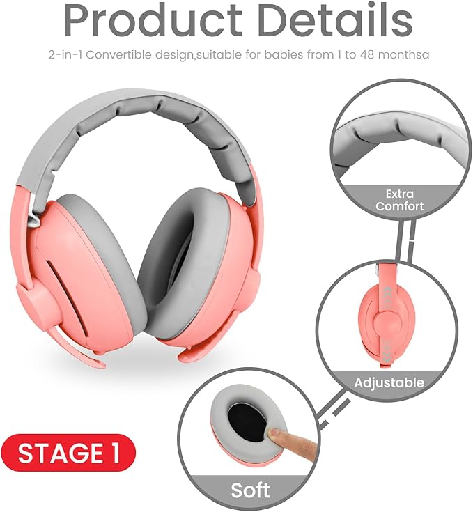 2-in-1 Adjustable Baby & Toddler Noise Cancelling Headphones - Ear Muffs for Kids 1-3 for Airplane Travel