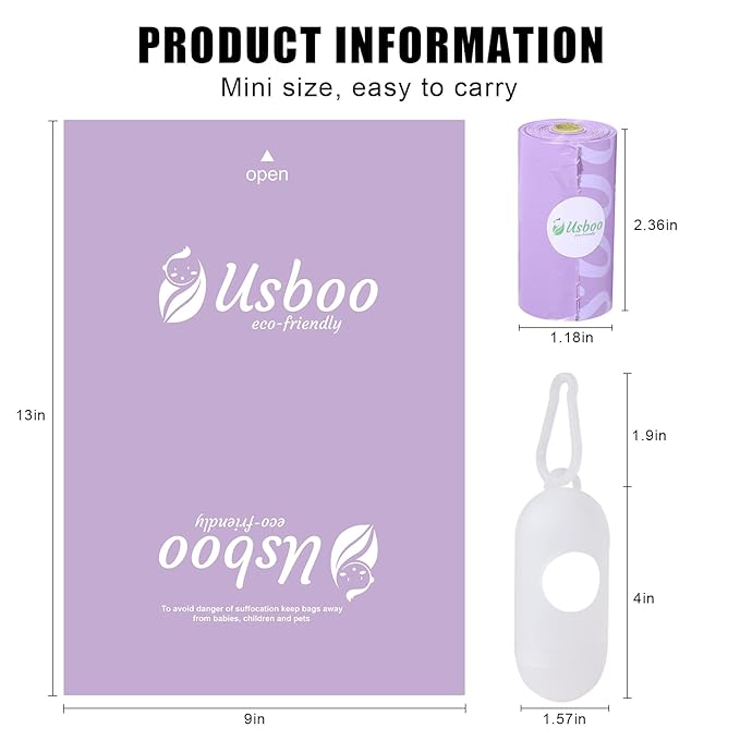 USBOO Disposable Diaper Bags for Baby | 8 Refill Rolls (120 Pack) | Lavender Scented | Baby Poop Bags with Dispenser | Essential for Travel and Quick Change on The Go