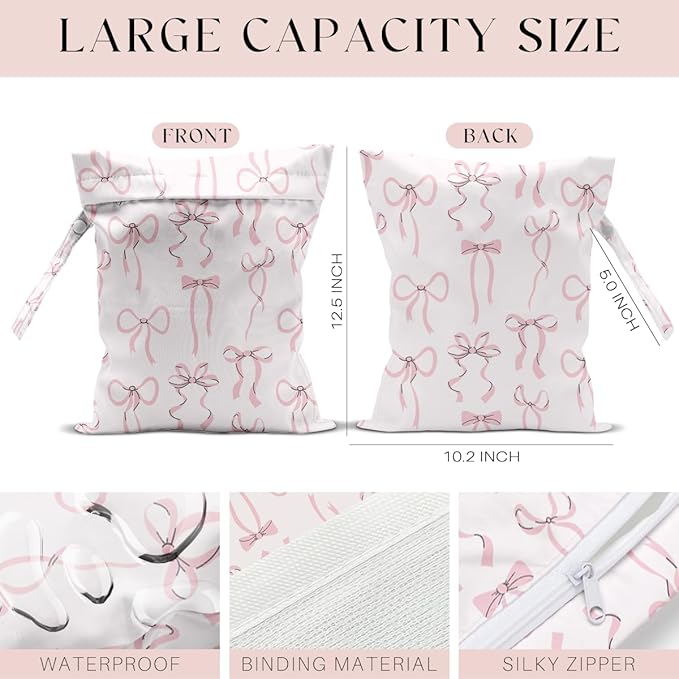 Wet Bag, Wet Dry Bag, Swimsuit Bags, Beach Essentials, Waterproof Bags for Travel, Beach, Pool, Diapers, and Dirty Yoga Gym Clothes (Pink Bow Decor)