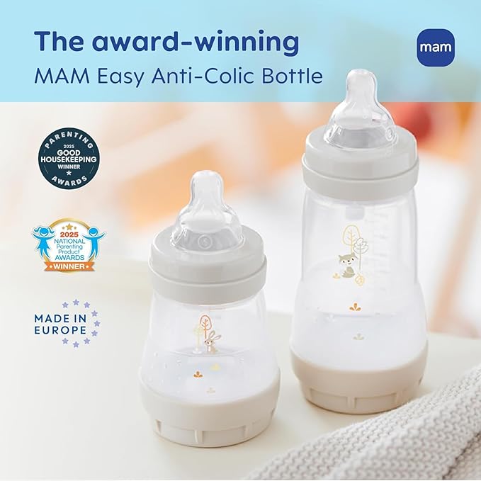 MAM 5oz Easy Start Anti-Colic Wide Neck Vented Baby Bottle, Slow Flow Breastfeeding-Like Nipple,Reduces Colic Gas & Reflux, Easy Clean, BPA Free,0+ Months, Made in Europe,Bonus Medium Flow Nipple