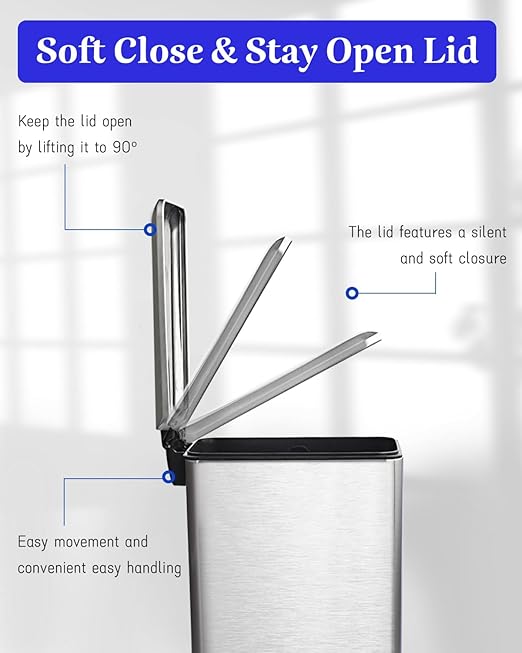 8 Gallon Kitchen Trash Can, Stainless Steel Step Pedal Trash Can with Inner Bucket, Soft Close Lid and Stays Open for Apartments, RVs, Dorms, Offices, or Bathrooms